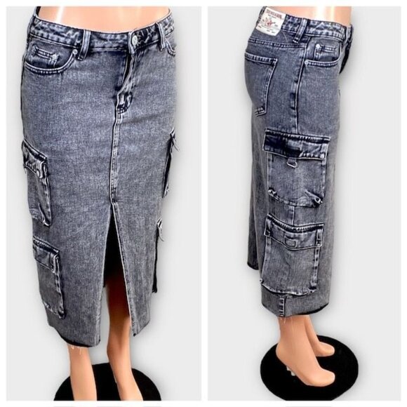 NWT True Religion Vintage Cargo Midi Slit Skirt Vintage Charcoal, Size 26 - Picture 11 of 12